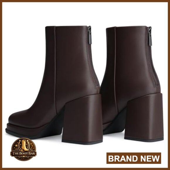 Platform Ankle Boots 3.5 Inch Chunky Heel Leather Booties Square Toe - Picture 4 of 7